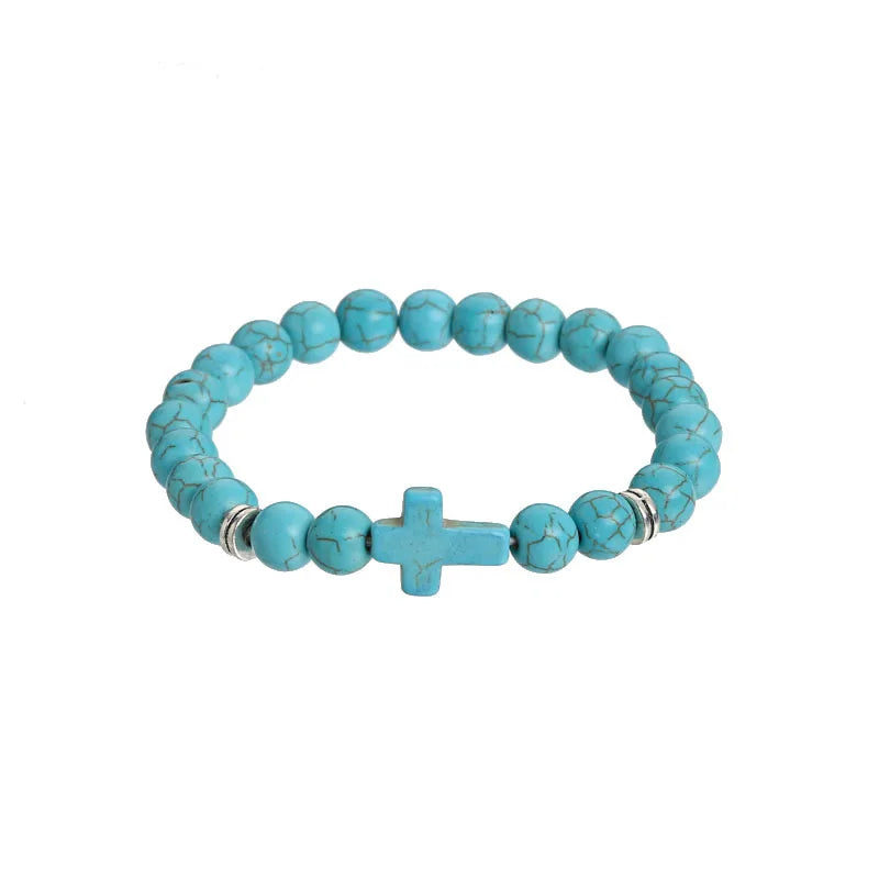 Unisex Tiger Eye & Turquoise Beaded Bracelet Mixed Material Classic Style Matte Black Finish for Wedding Party and Gift