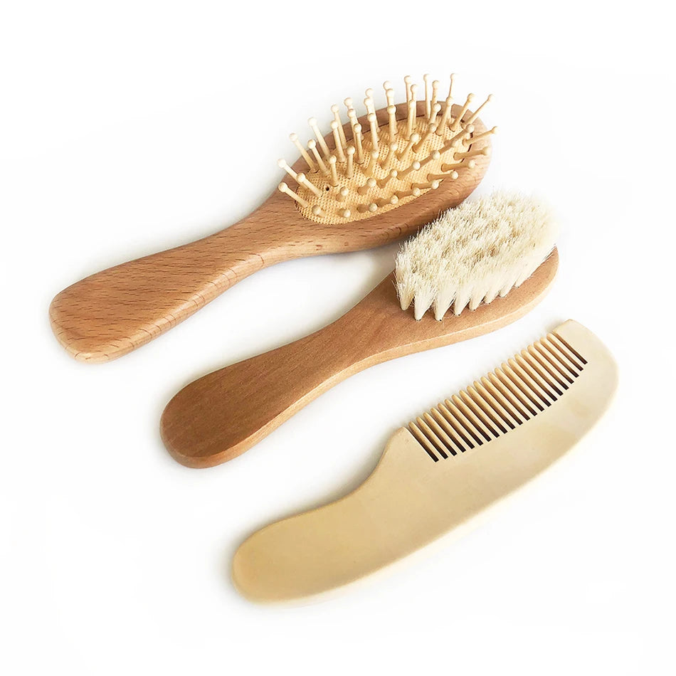 New Arrival Custom Logo 3Pcs Wood Hair Brush Set Eco-Friendly Goat Bristle Soft Feature Box Package