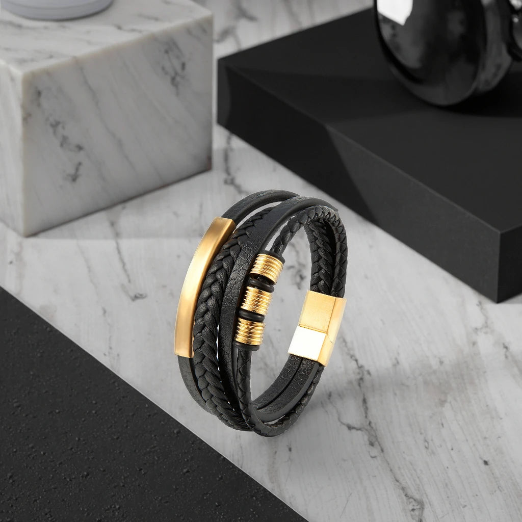 Factory Supplier Custom Stainless Steel Leather Bracelet Brown for Men