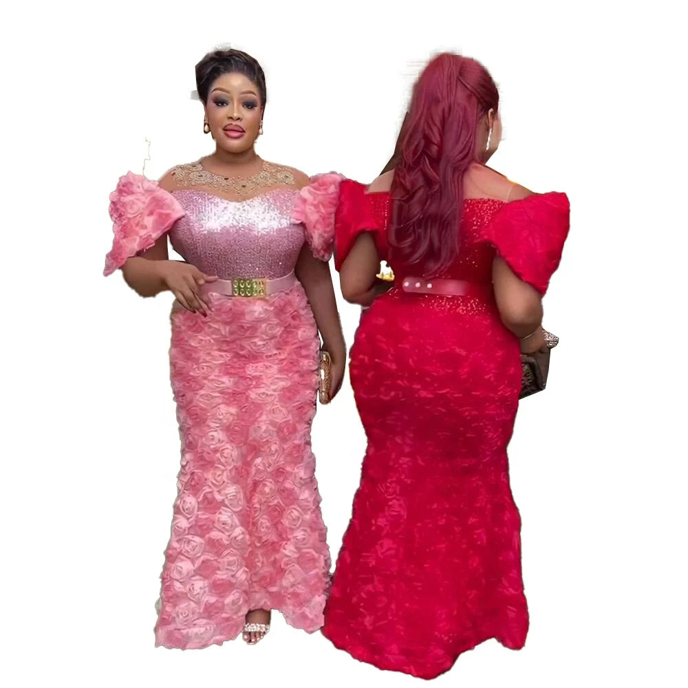 New Product Women's Long Mesh Evening Gowns with 3D Embroidery African Clothing Targeting South Africa Sequin Dresses on Sale