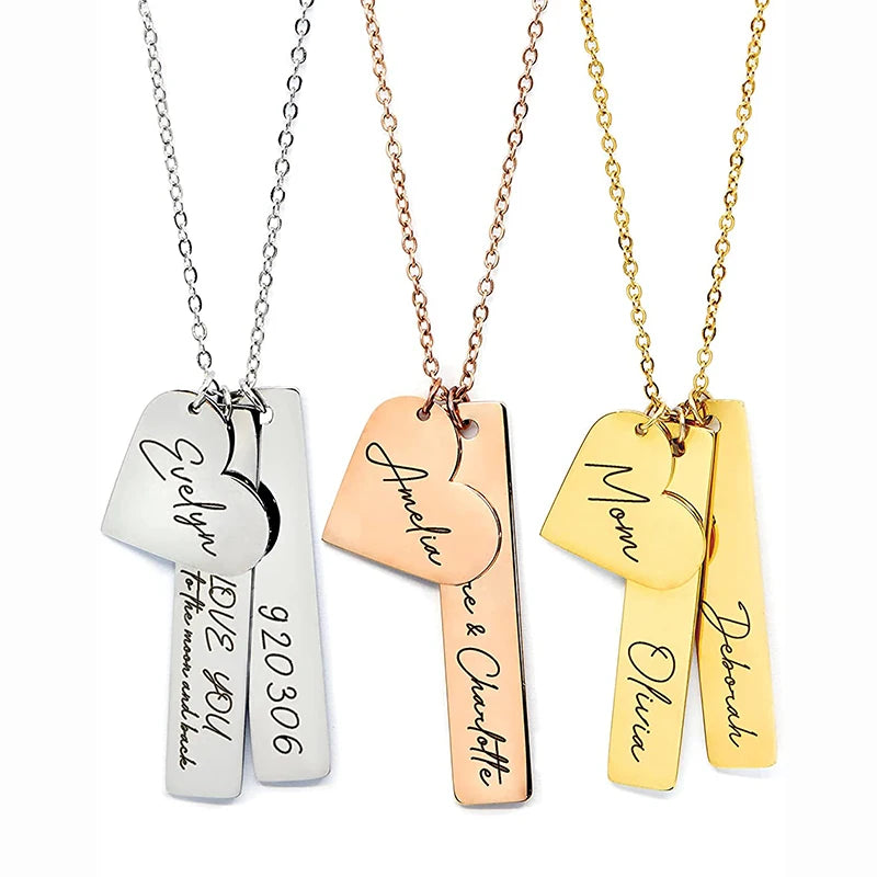 Personalized Stainless Steel Heart and Bar Pendant Necklace Custom Engraved Name Logo Necklace for Valentines Day Birthday Gift