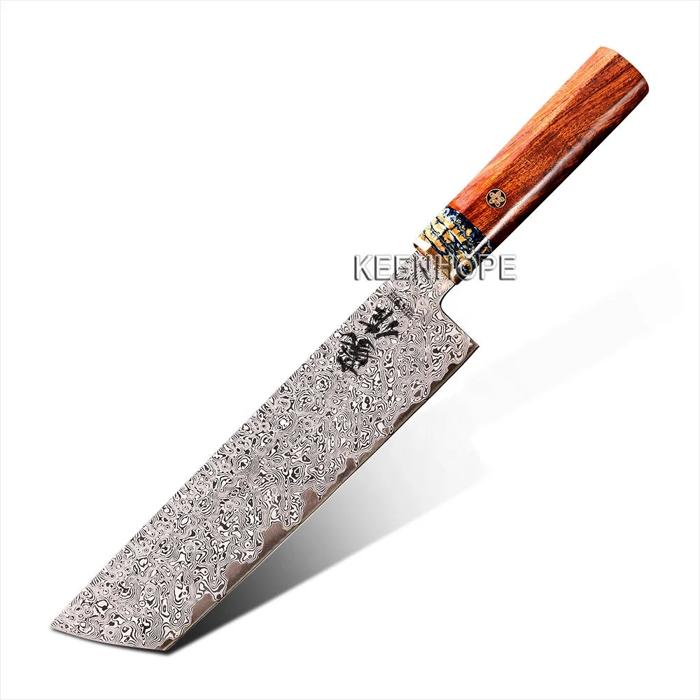 KEENHOPE 89-Layers Damascus Steel VG10 Blade 8 Inch Nakiri Japanese Cleaver Brass Inlaid Mammoth Stone USA Desert Ironwood