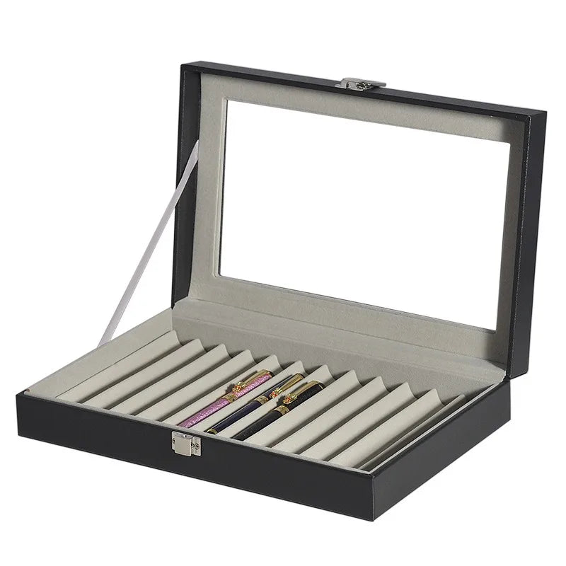 Luxury PU Leather Pen Display Case 1/2/3 Layer 12 Slot Fountain Pen Organizer Box With Glass Window Executive Desk Storage Chest