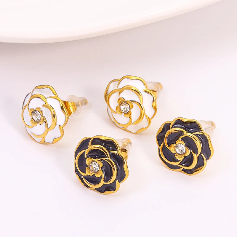 JUSNOVA Women's Trendy 18K Gold Plated Stainless Steel Earrings Light Luxury Black White Zircon Flower Studs Fashionable Stylish