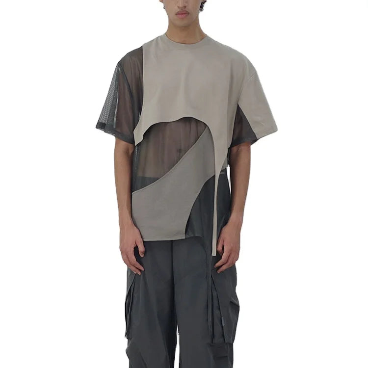2026 Custom Mesh Splicing Ventilate T Shirt Short Sleeve Crew Neck Fashion Oversized Men T Shirts