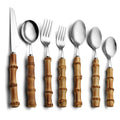 13pc Real Natural Bamboo Handle Flatware Handmade Cutlery Set With Salad Server Fork and Spoon Kitchen Utensils Set