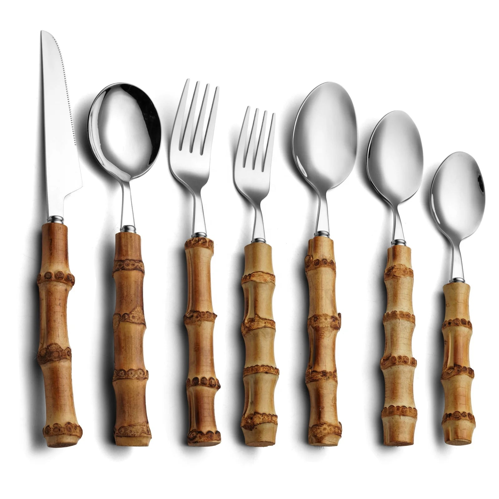 13pc Real Natural Bamboo Handle Flatware Handmade Cutlery Set With Salad Server Fork and Spoon Kitchen Utensils Set