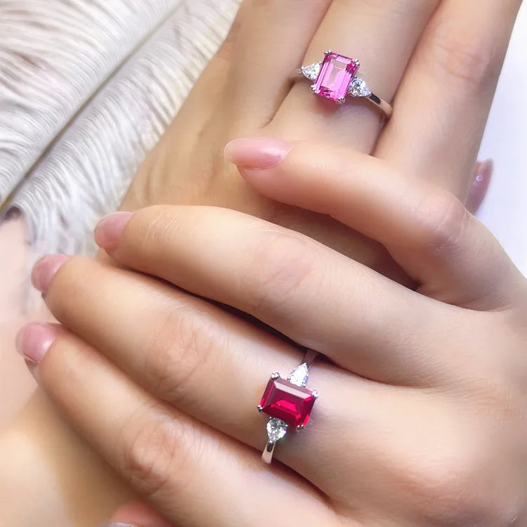Emerald Cut Lab Created Ruby Engagement 925 Sterling Silver Rings for Women 18K White Gold Plated