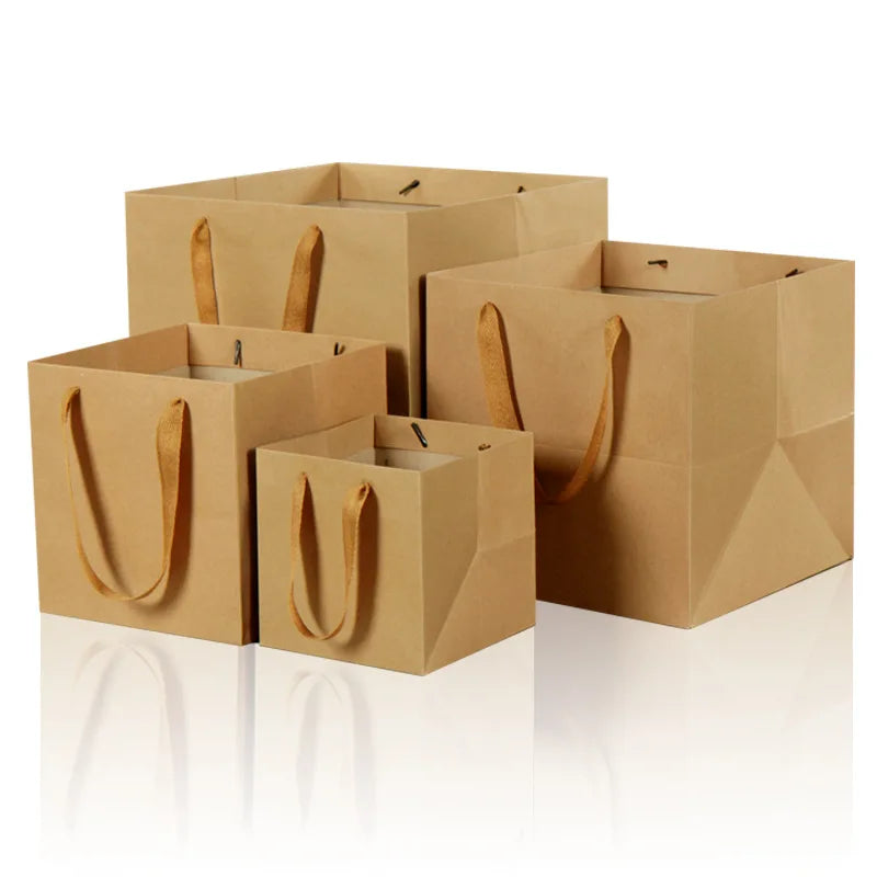 Large Quantities in Stock 5 Sizes Printed Logo Christmas Packaging Gift Square Bottom Kraft Paper Bag for Flowers