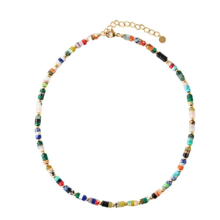 Zooying Stone Necklace Stainless Steel 18K Real Gold Plated Beads Mixed Natural Stone Beaded Necklace