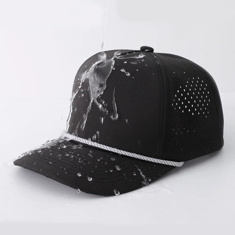 Custom Logo Oxford 5 Panel Rope Baseball Cap Laser Cut Perforated Breathable Sporty Waterproof Polyester Hat Adjustable Metal