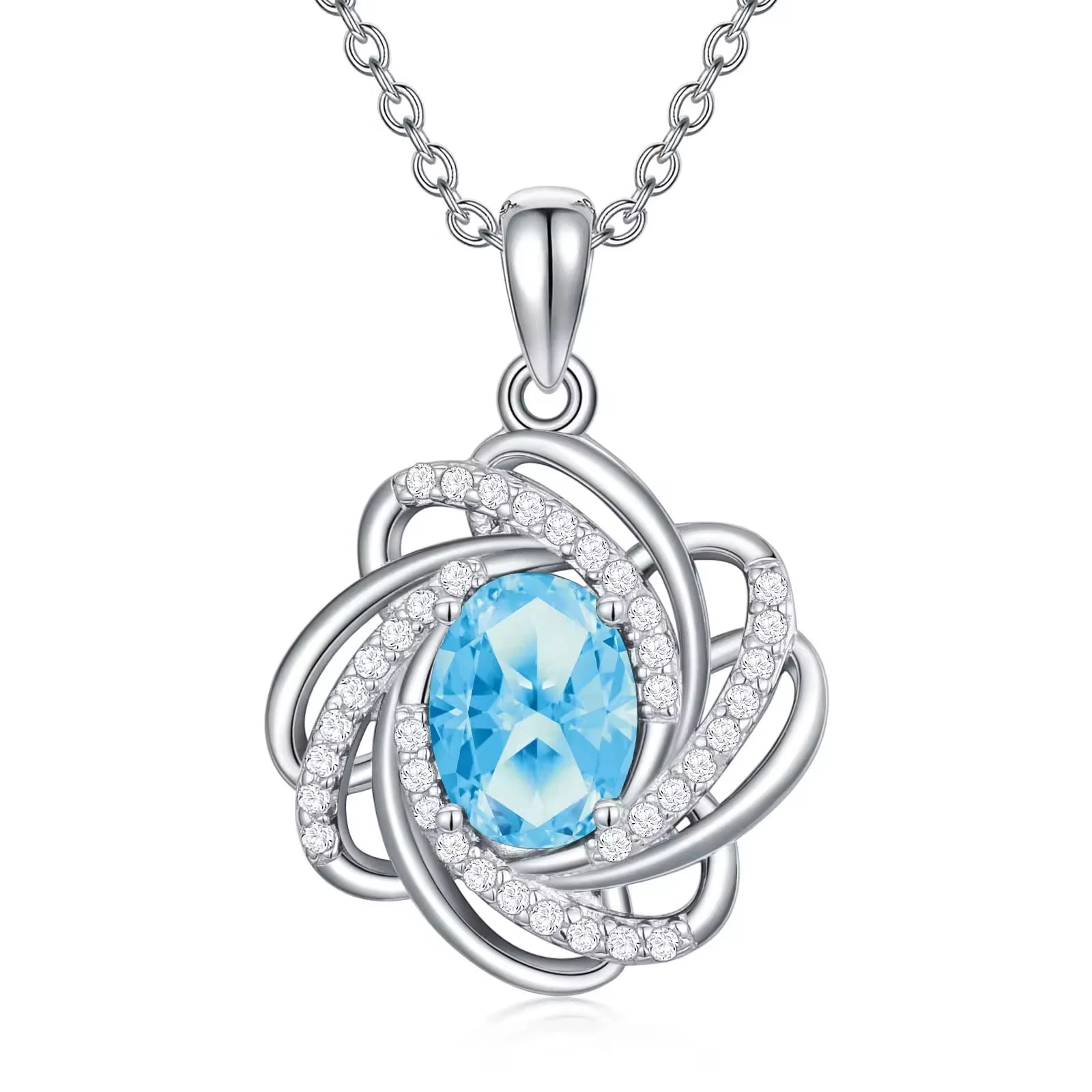 Romantic Jewelry 925 Sterling Silver Zircon Blue Crystal Love Knot Pendant Necklace