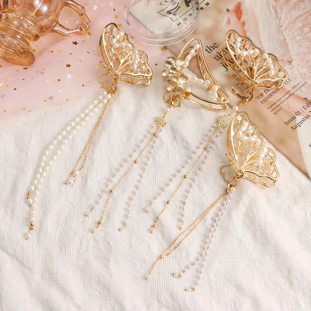 New Gold Plated Fashion Women Girl Jewelry Flower Pearl Grips Fringe Claw Hair Clips