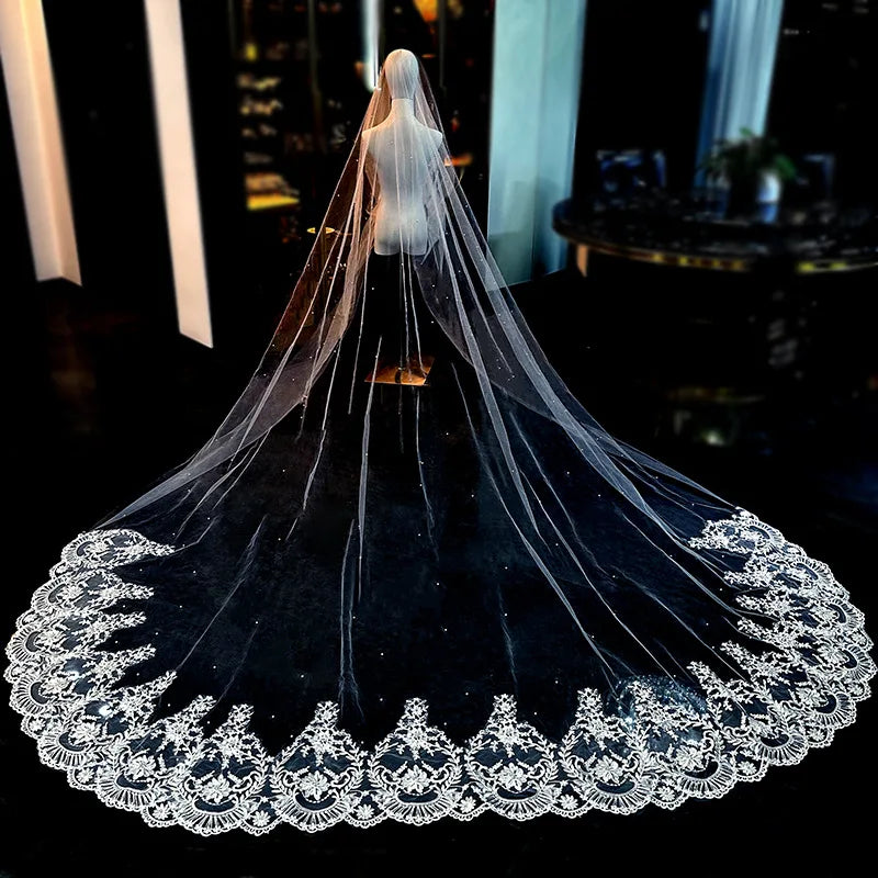 ROMANTIC Elegant Lace Edge Sequins Cathedral Length Long Wedding Veil Pearl Bridal Veil