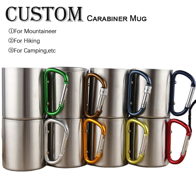 200ml 300ml Outdoor Camping Travel Tumbler Portable Stainless Steel Coffee Cup Double Walled Carabiner Mugs with Handle