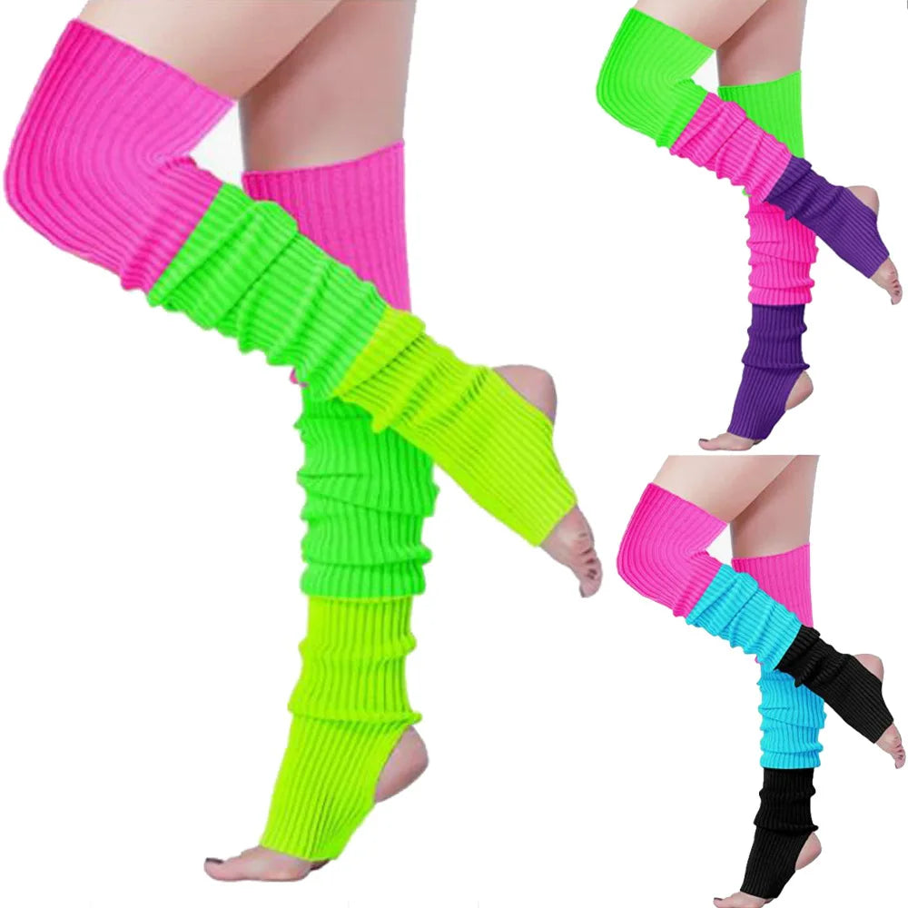 80s 90s Women Girls Thigh High Neon Ribbed Long Party Skating Knit Leg Warmers