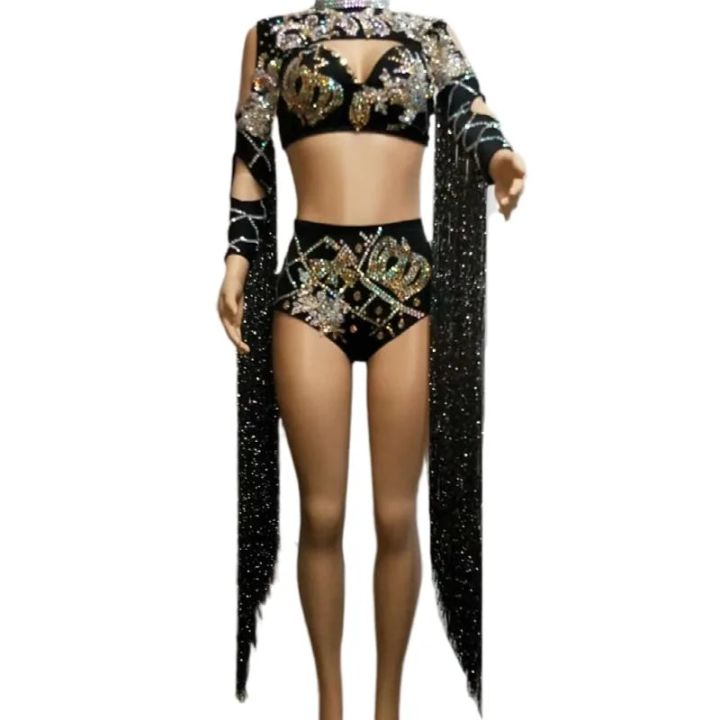 Sexy Women Show Crystal Tassel Bikini Bra Shorts Showgirl Stage Costume Women Club Party Dance Wear Singer Outfit