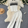 Spring Summer New Korean Version Breathable Elegant Fashion Striped Top Casual Wide-leg Pants Knitted Two-piece Women's Clothing