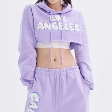 Women's Long Sleeve Hooded Cropped Hoodie French Terry Puff Printed Hoodie With Drawstring Sweatshirt