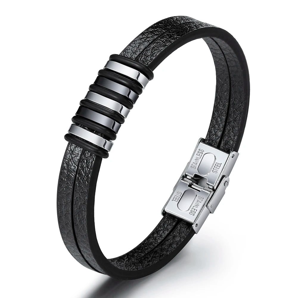 High Quality Stainless Steel Men's Leather Bracelet Cuir Homme Bijou Designer Jewelry Bulk Trendy