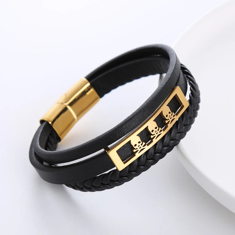 fashion homme 316L stainless steel skull multi layer leather hand bracelet for men