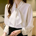 5105# Long Sleeve Solid White Red Blouse Shirt Office Women Bow V-Neck Sequined Chiffon Blouses Tops Women Blusa