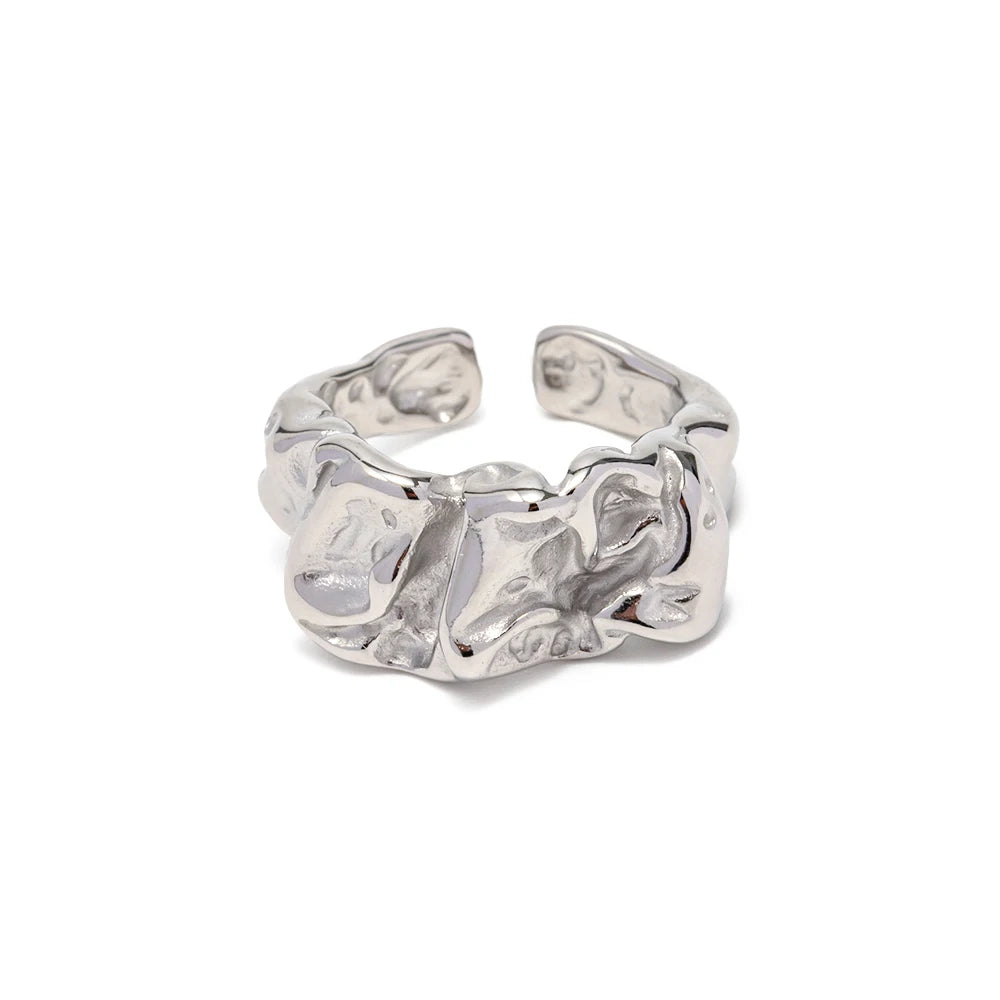 Luxury Silver Color High Polish Waterproof Stainless Steel Lava Irregular Opening Ring for Girls