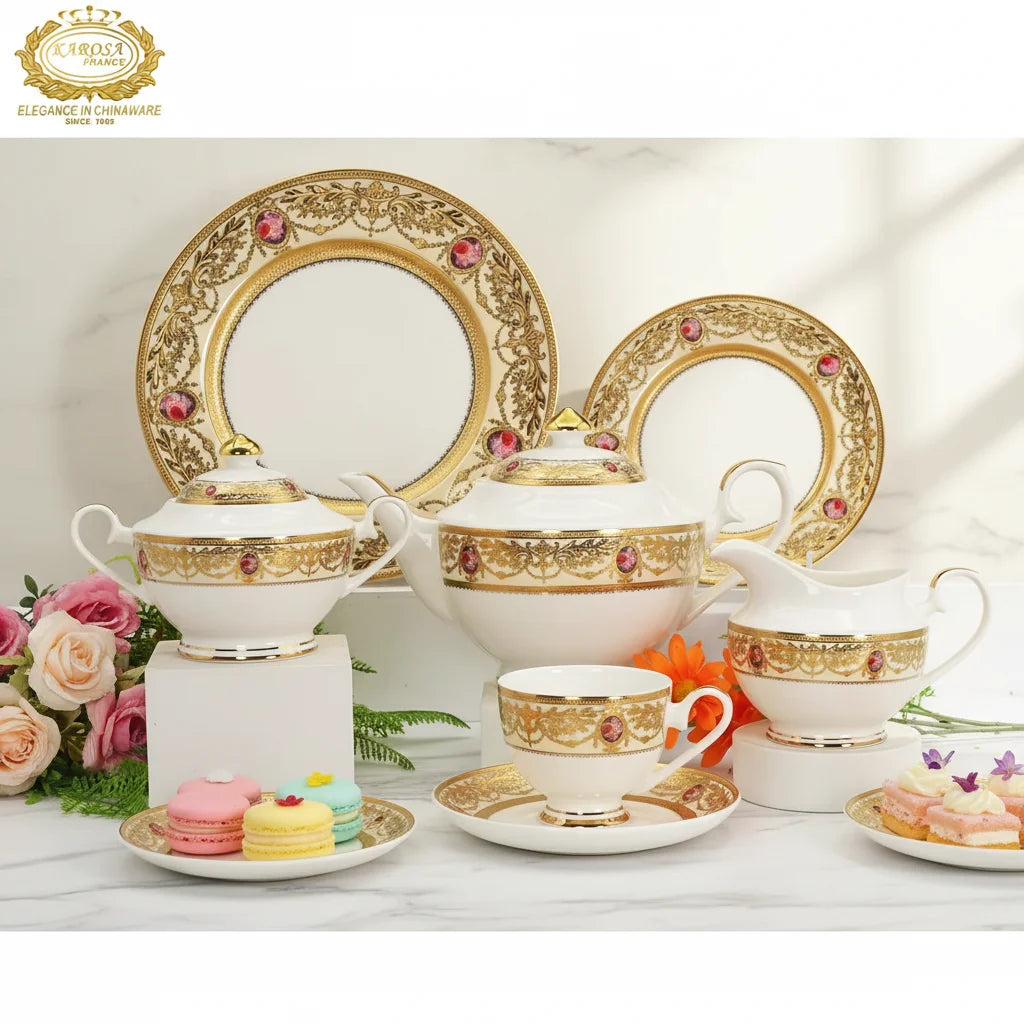 Karosa 24-Piece Vintage European Luxury Fine Bone China With Embossed Gold Style Coffee Tea Cup Sets Luxury