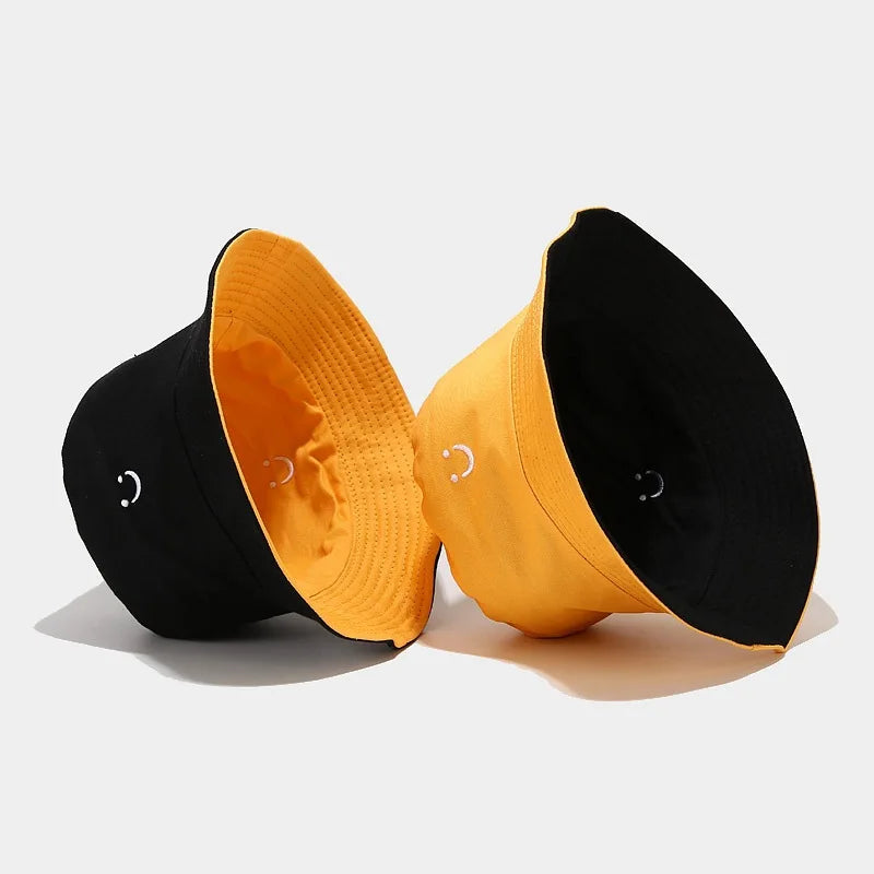 Wholesale Smiling Face Foldable Beach Sun Custom Embroidered  Cap Cotton Fisherman Blank Reversible Bucket Cap Hat for Women Men
