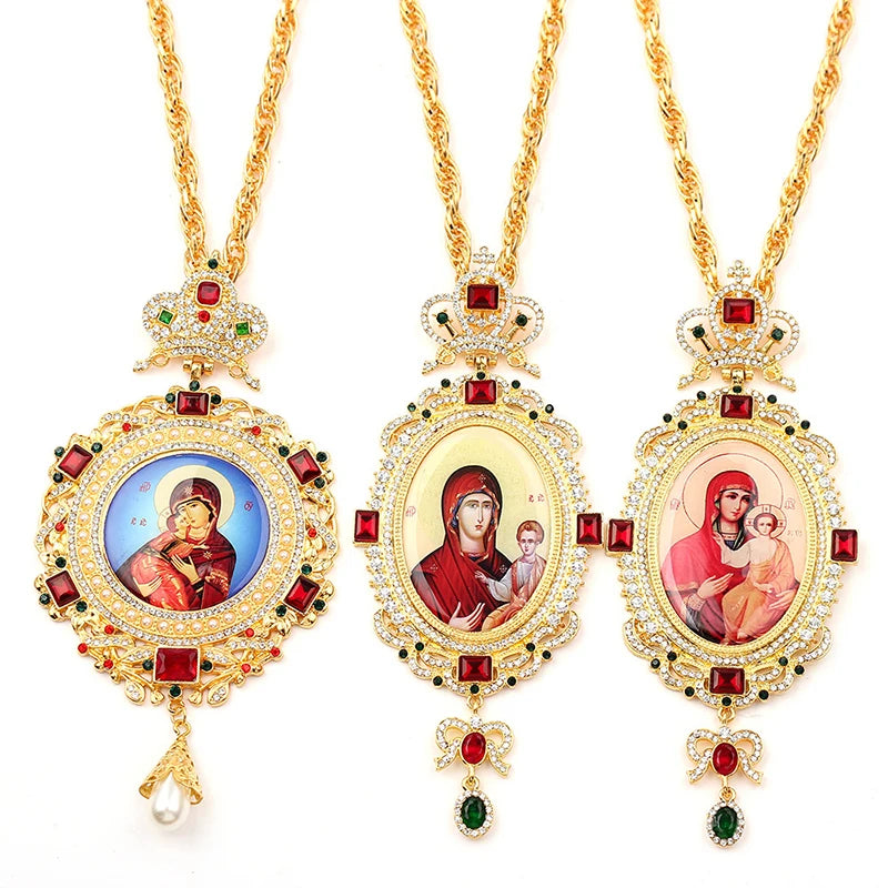 RisingMoon Latest Russian Double Plated Greek Orthodox Church Mass Bishop Mary and Jesus Pectoral Cross Necklace