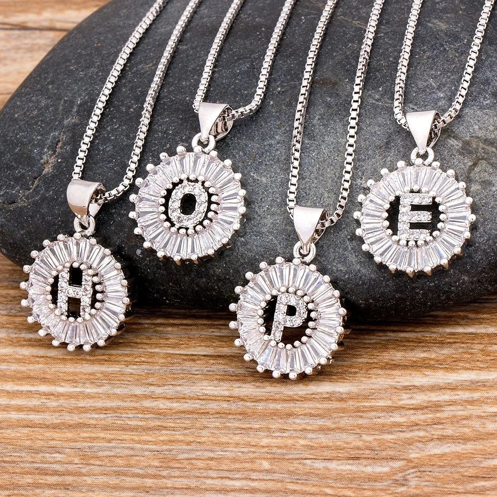QIKU Trendy 26 Initial Crystal Letter Pendant Necklace Silver Color Copper Cubic Zircon Clavicle Chain Women Jewelry Girl Gift