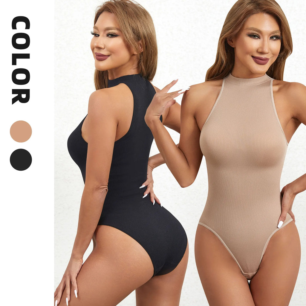 Women's Slim Fit Seamless Breathable Eco-Friendly Nylon Shapewear Bodysuit Mock Turtle Neck Jumpsuit Sleeveless Tank Tops Casual