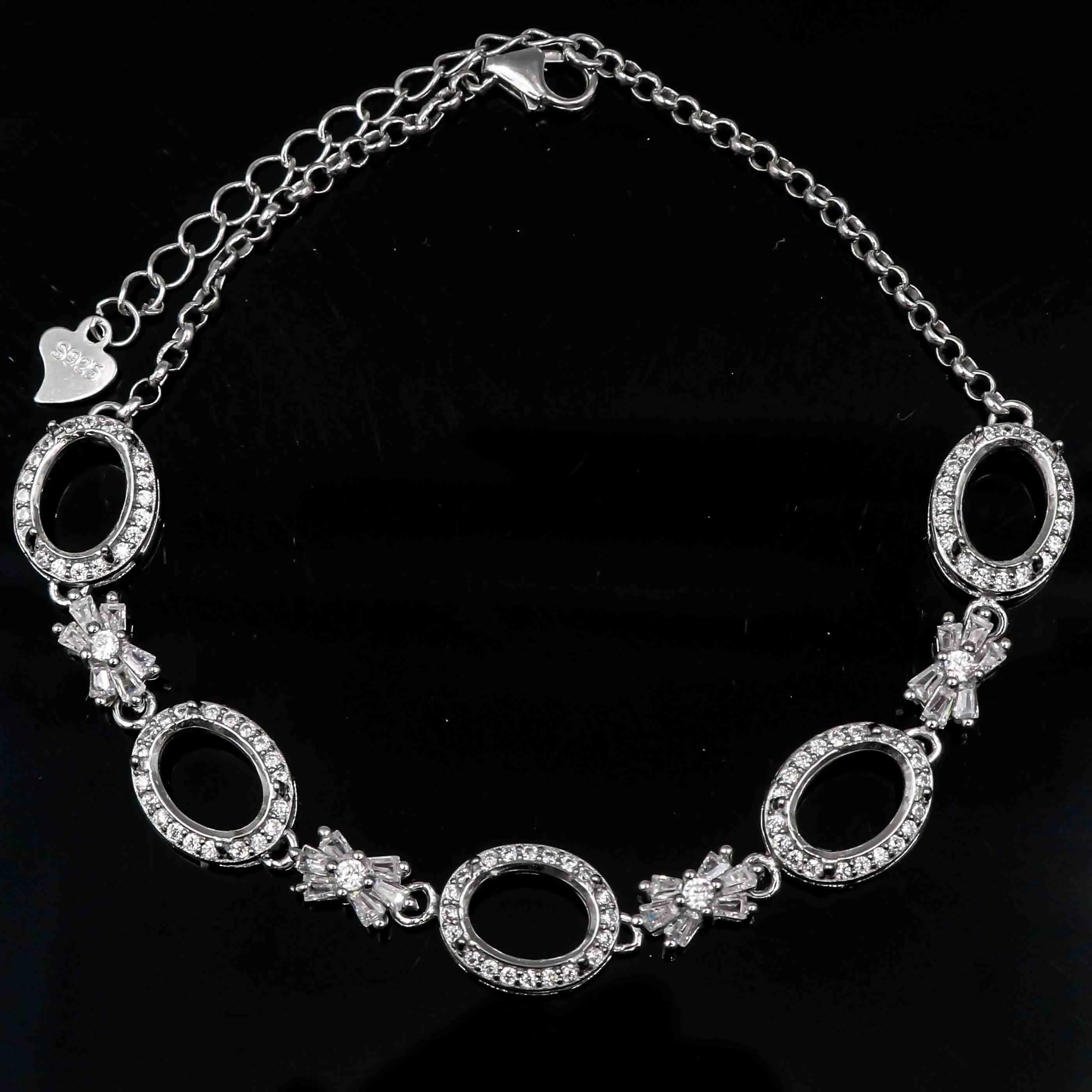 Sterling Silver 6*8mm Semi Mount Bracelet Empty Support Blank Claws Setting S925 Base Holder Without Center Stone Inlay for DIY