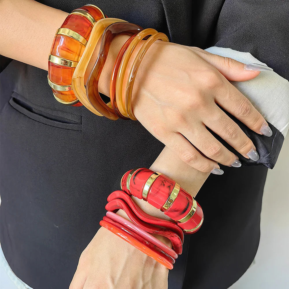 Fashion Jewelry Set 2025 Personality Unique Mixed Colors Resin Bangles Irregular Geometric Shape Acrylic Bracelet 6pcs Set
