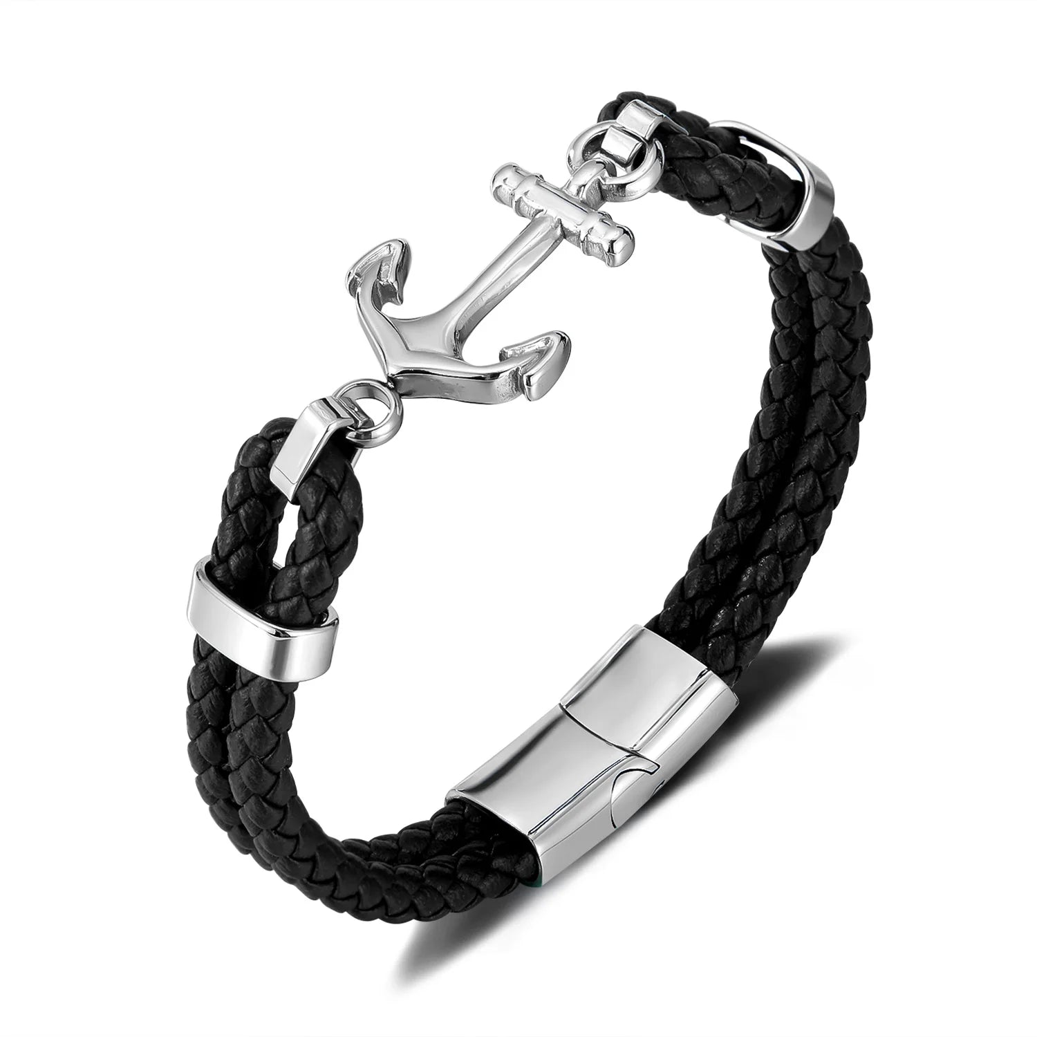 New Arrive Stainless Steel Anchor Fiber Synthetic Leather Bracelet Versatile Magnetic Clasp Braided Leather Mens Bracelets