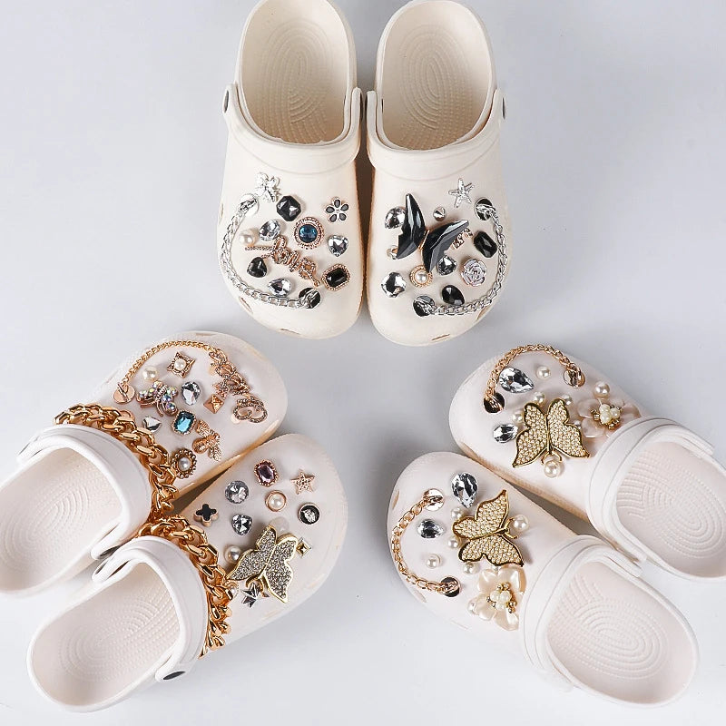 Hot Selling butterfly Crystal slippers Decoration Flower Clog Charm Plastic Shoe Accessories Chain Set