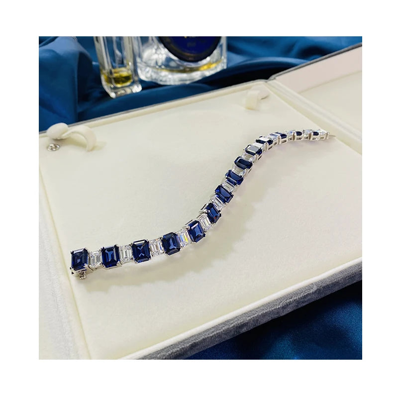 Elegant Customized Made 925  Sterling Silver Luxury Blue Sapphire Bracelet Trendy Tennis Chain Bracelet