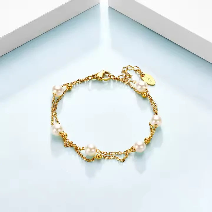 Meetyoo Korean Bracelet Gold Filled Beads with Water Pearl Double Layered Adjustable Link Chain Pearl Bracelets for Women