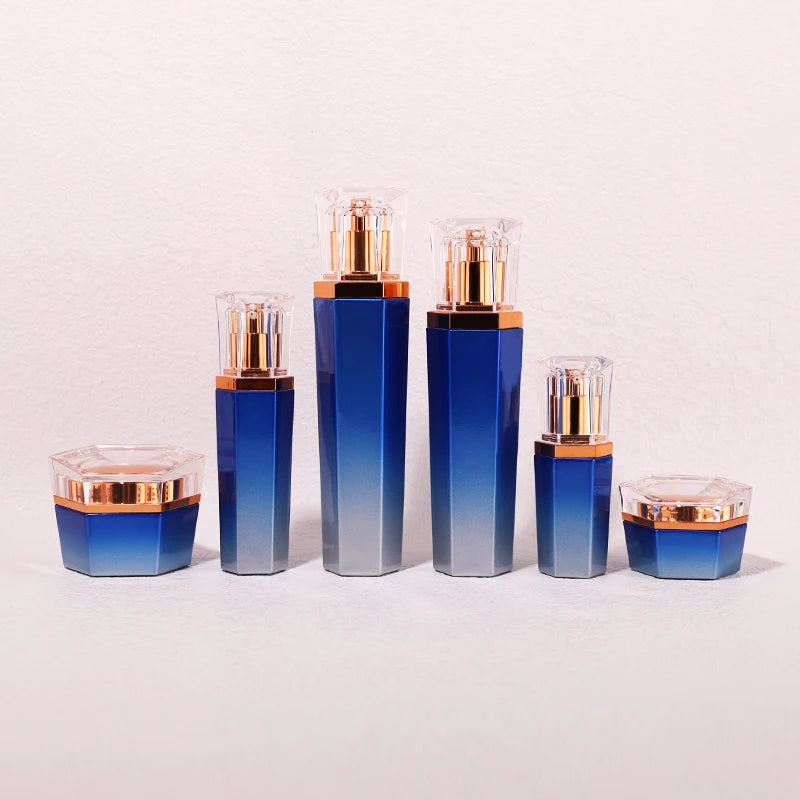 Blue Empty Cosmetics Packing Glass Bottle Skincare Lotion Cream Bottle 20 30 50 90 110 ml  Pump Glass Bottle Set