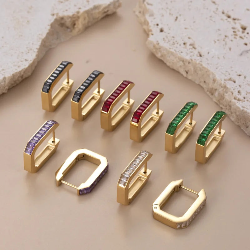 Women Accessories Jewelry Earrings Fashion Wholesale 18K Gold Plated Stainless Steel U Shape Cubic Zirconia Earrings