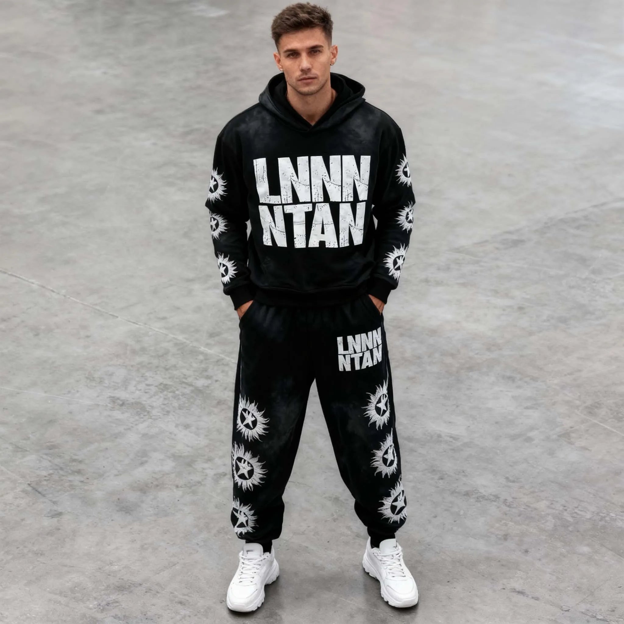 Heavyweight Vintage Acid Washed No Drawstring Hoodie and Sweat Pants Sets Custom Digital Print Graphics Streetwear Tracksuit Men