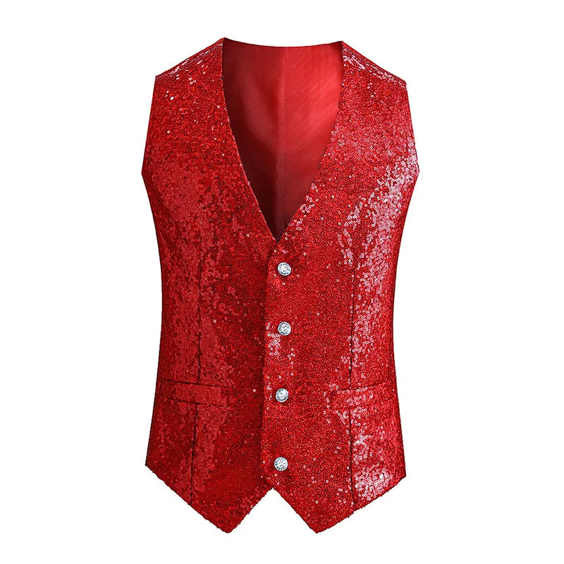 RNSHANGER Men Breathable Chinese Style Sequin Blazers Vest Glitter Suit Nightclub Dj Stage Shiny Gold Sequin Bling Party Vest