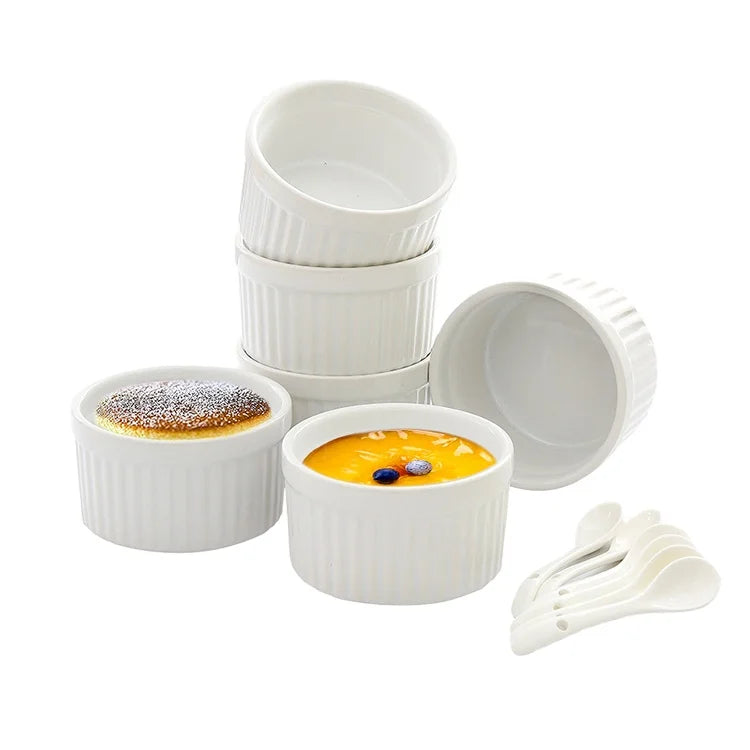 Top Seller White 9oz Embossed Ceramic Dessert Bowl High Temperature Resistant Ceramic Pudding Baking Bowls