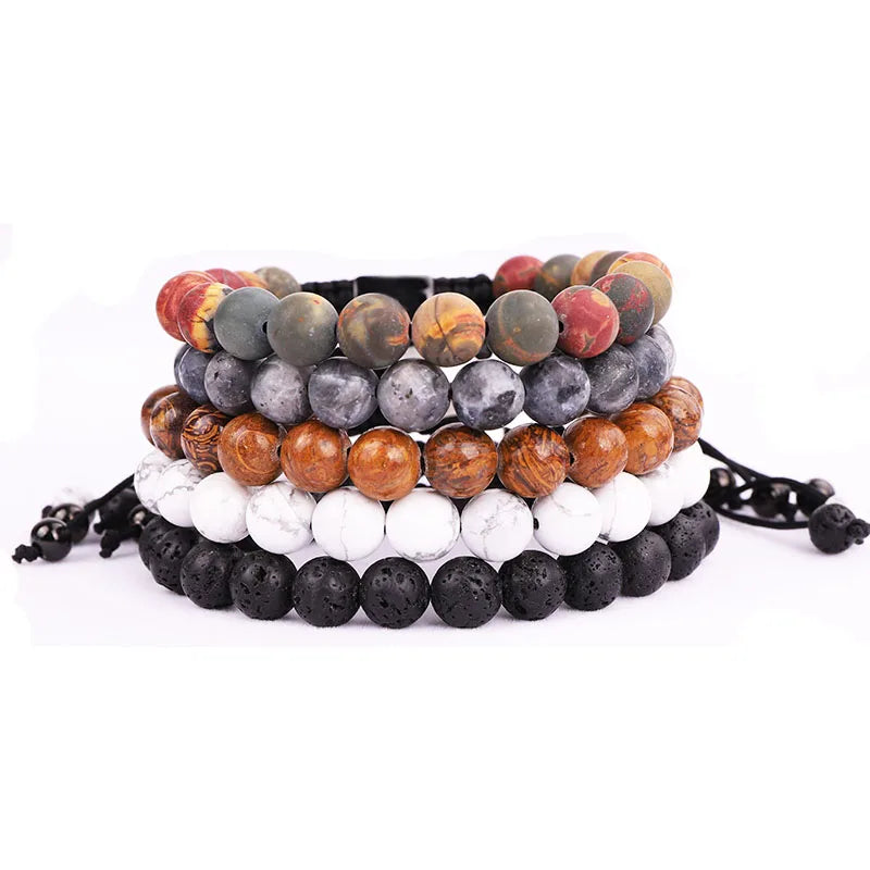 Classic Trendy Frost Natural Stone Lava Rock Howlite Wood Jasper Dull Beads Friendship Macrame Gemstone Bracelet JBS11243