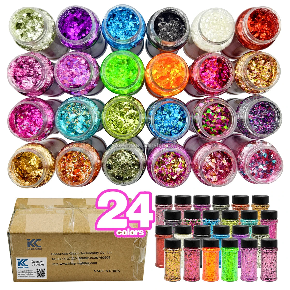 US Warehouses 2oz Bottle Mixed Size Laser Holographic Chunky Glitter 24 Colors Per Set for Snow Globe Tumbler Music Festivals