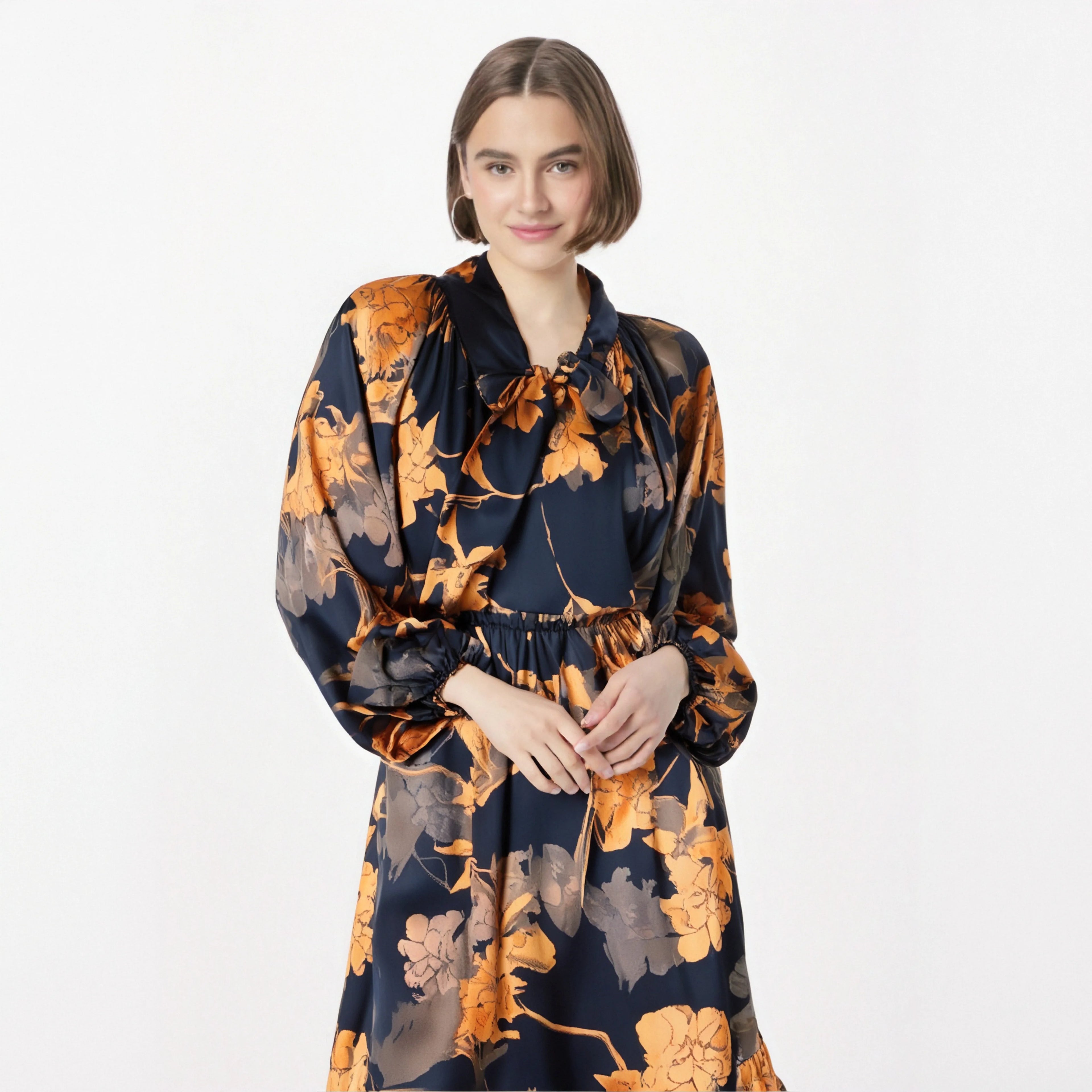 Womens Clothing Women's Dress Lady Dress Strap Butterfly Flower Waist Cinching Long Sleeved Casual Holiday Dress