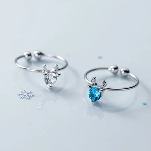 Christmas Gifts 925 Silver Elk Antler Deerhorn Blue or White Zircon Open Rings for Women Fine Jewelry Rings