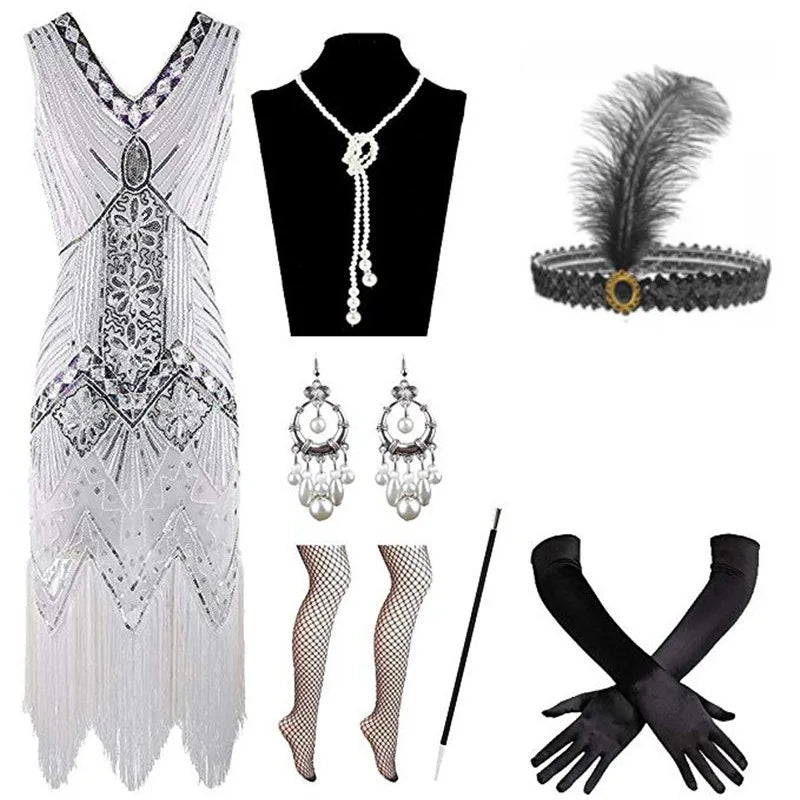 1920s Vintage Sequins Dress Flapper Great Gatsby Fringed Cocktail Party Kleid INSPIRED With Accessories Set
