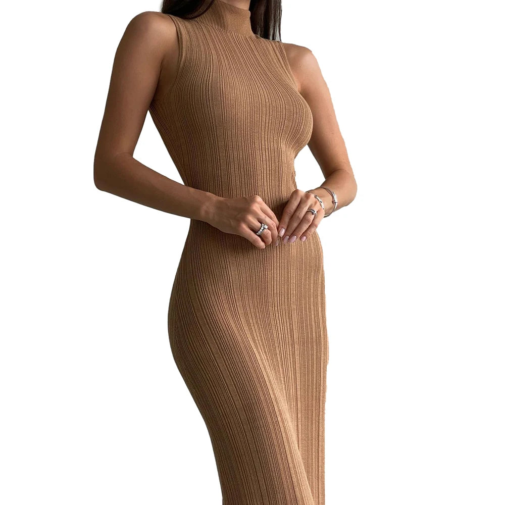 Spring Summer Sleeveless High Neck Knit Dress French Sexy Wrap Knit Sweater Dress Knitted Dress for Women
