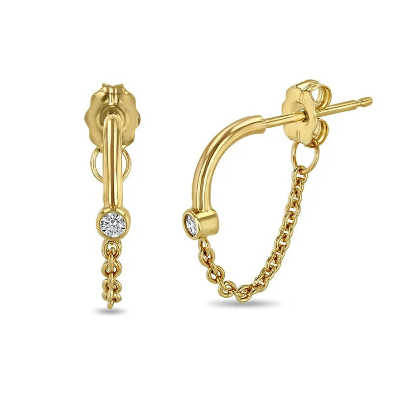 Gemnel Modern and Minimal Feeling Bezel Setting Round Cut 3A+ CZ Stone 925 Silver Split Chain Hoop Earring